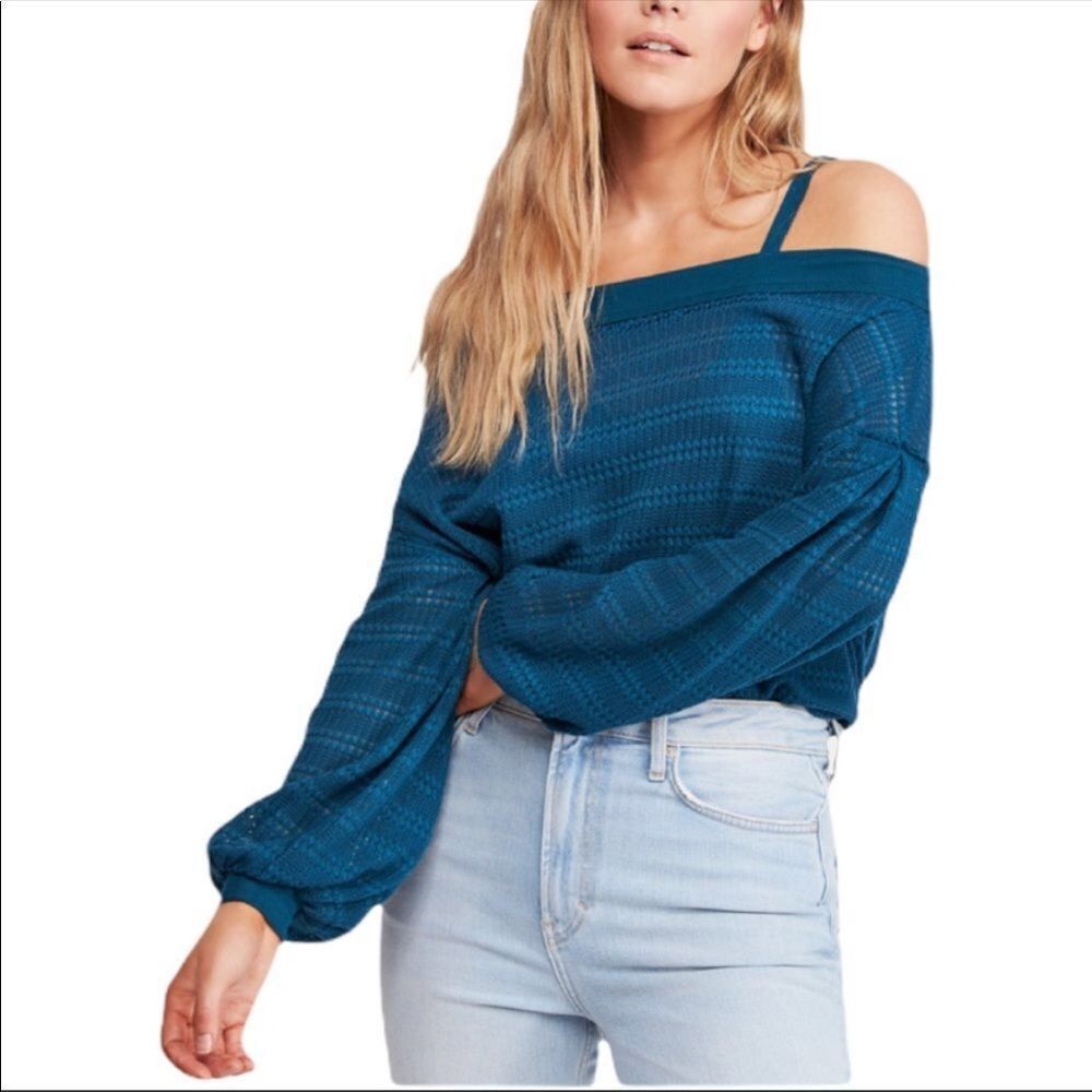 FREE PEOPLE | Sistine Cold Shoulder Teal Hacci Knit Sweater Women’s Size XS